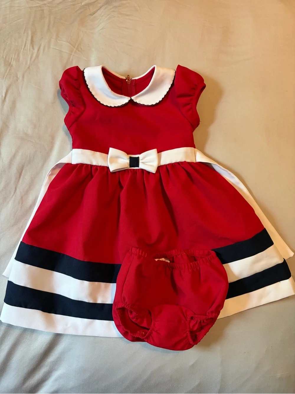 Bonnie Baby Red Dress with White Collar and Navy Trim